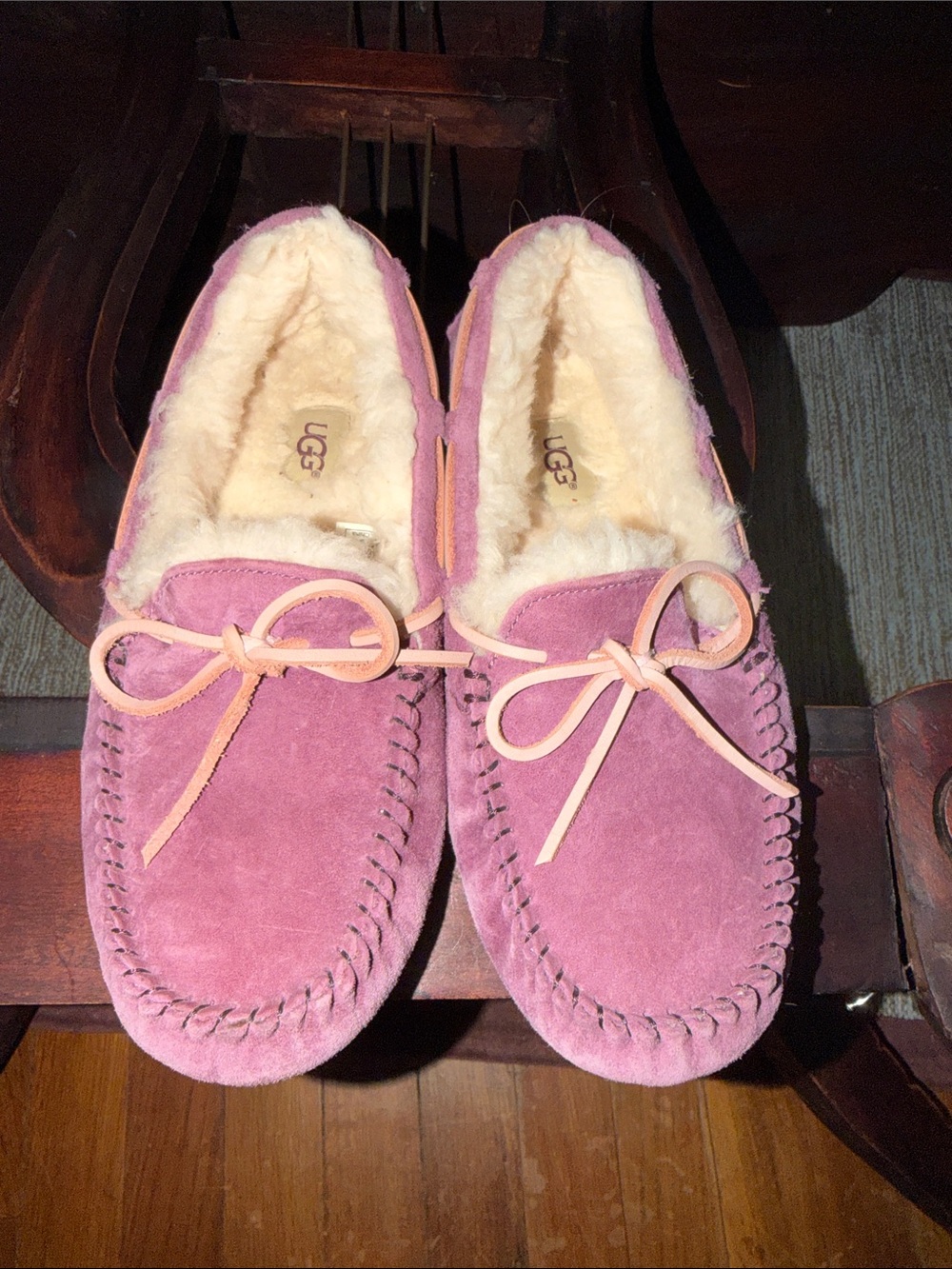 UGG Women's Pink Suede Shearling-Lined Moccasin Slippers